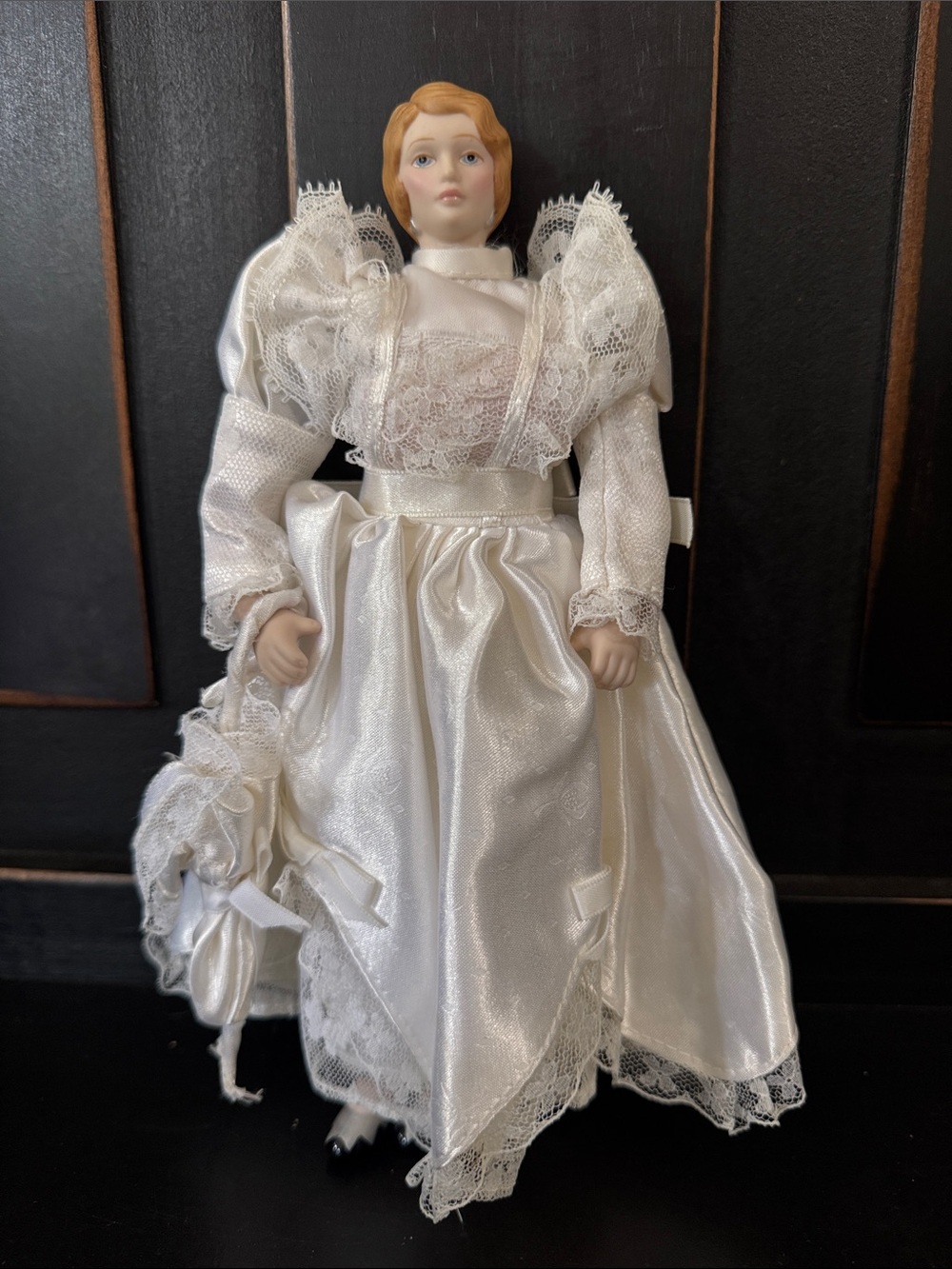 White wedding  Porcelain Doll in Satin Dress